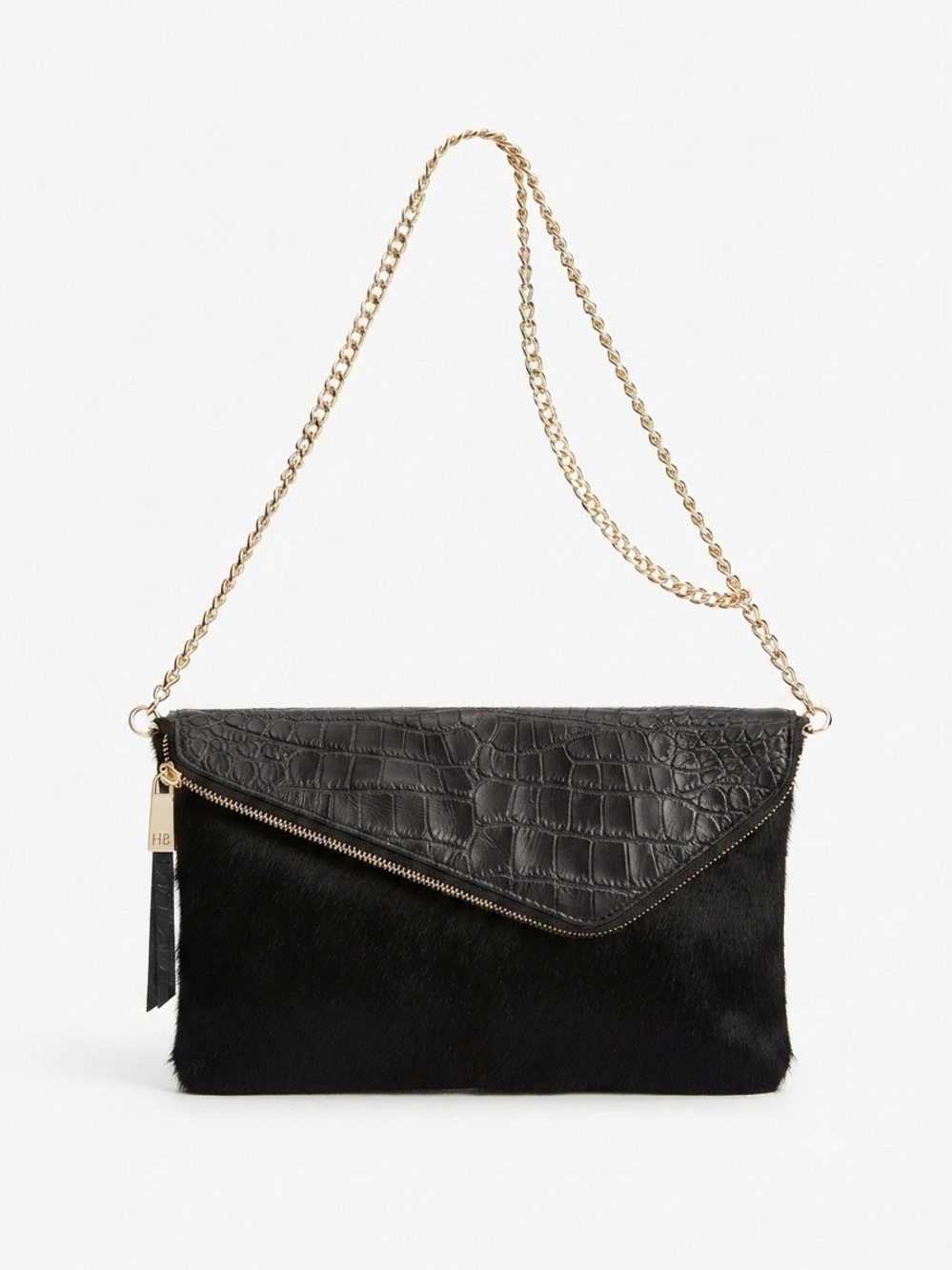 Henri Bendel Black Calf Hair & Croc Embossed Convertible Crossbody Clutch Bag